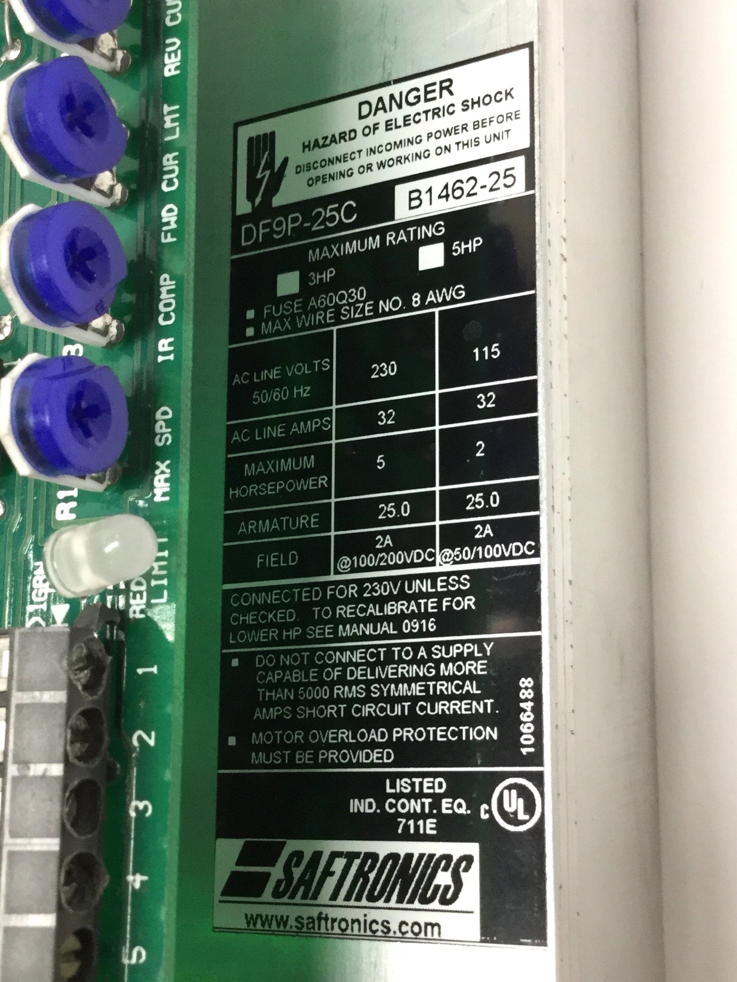Used Saftronics DF9P-25C Regenerative DC Motor Drive, 115/230VAC 1PH In, 5HP, 25A