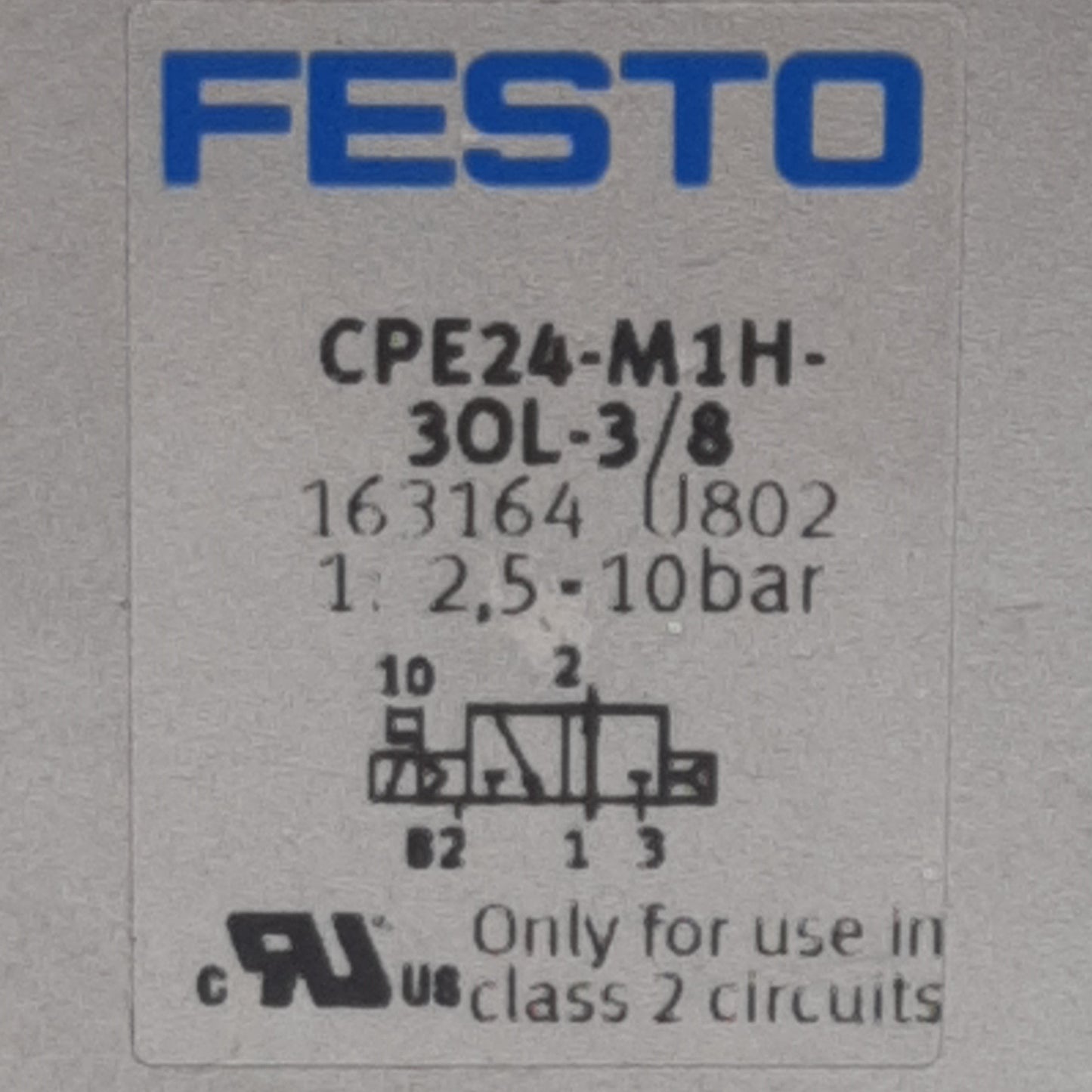 Used Festo CPE24-M1H-3OL-3/8 Solenoid Valve, 3/2-Way NO, 2.5-10bar, G3/8, 24VDC Coil
