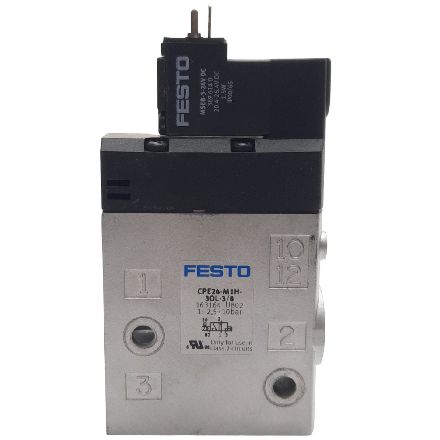 Used Festo CPE24-M1H-3OL-3/8 Solenoid Valve, 3/2-Way NO, 2.5-10bar, G3/8, 24VDC Coil