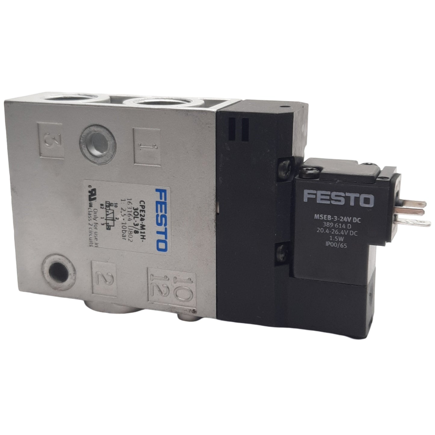 Used Festo CPE24-M1H-3OL-3/8 Solenoid Valve, 3/2-Way NO, 2.5-10bar, G3/8, 24VDC Coil