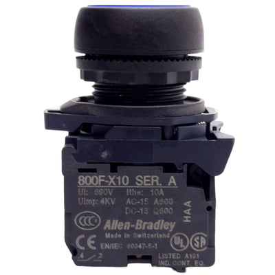 Used Allen Bradley 800FP-LF6 Momentary LED Illuminated Flush Blue Pushbutton, NO 22mm