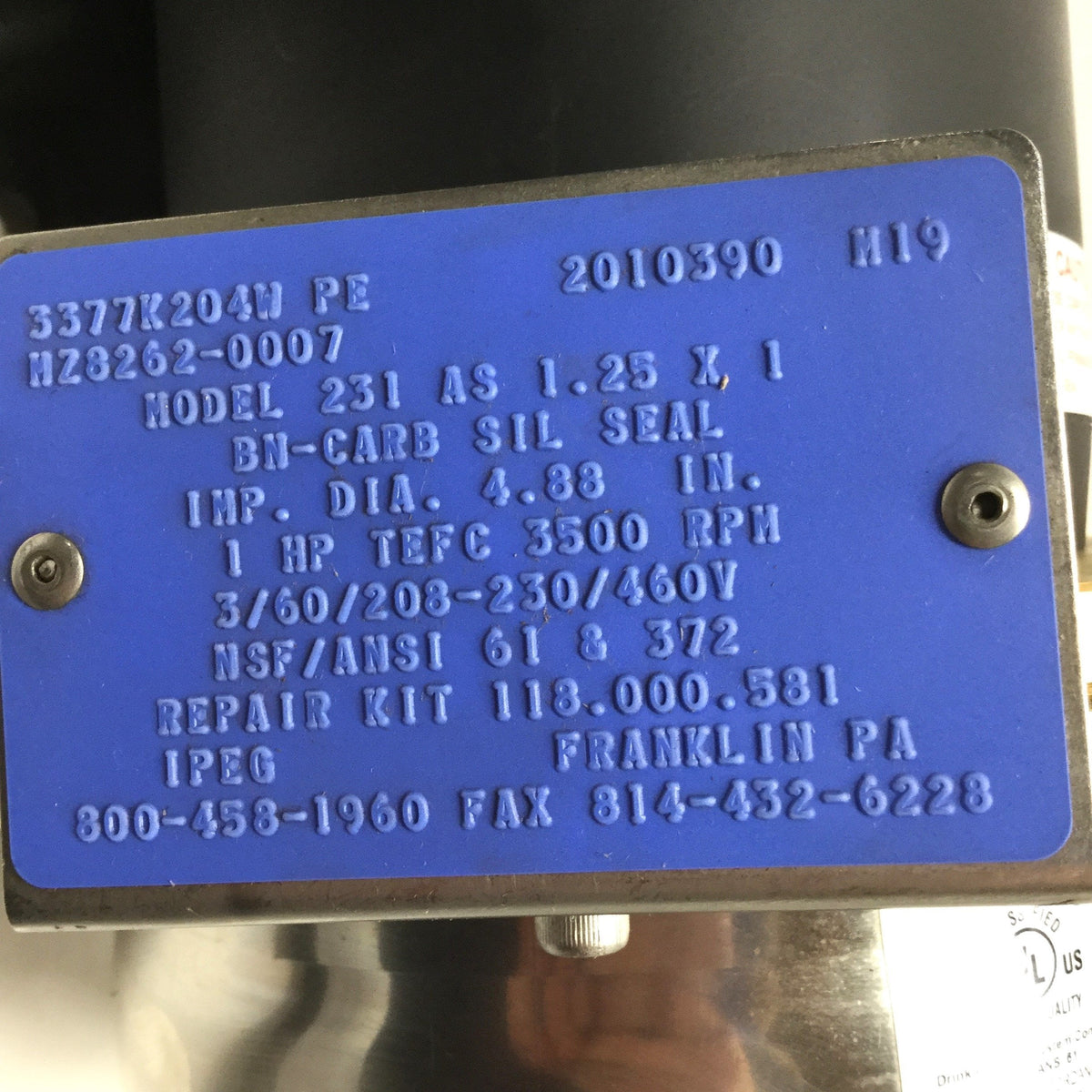 Used Scot MP 231 AS Pump & Motor 3PH 208-230/460VAC 60Hz 1HP, 3435RPM, 1 & 1-1/4" NPT