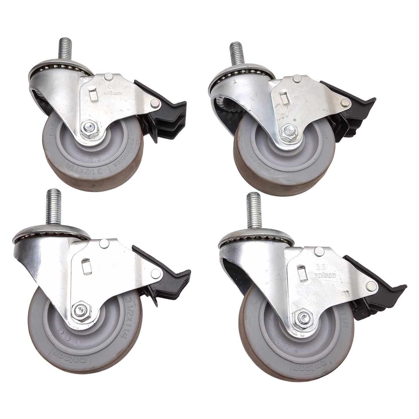 Used Lot of 4 Colson 2.03254.445 MTG10 BRK5 Threaded Swivel Caster ø3.5x1.25in 250lbs