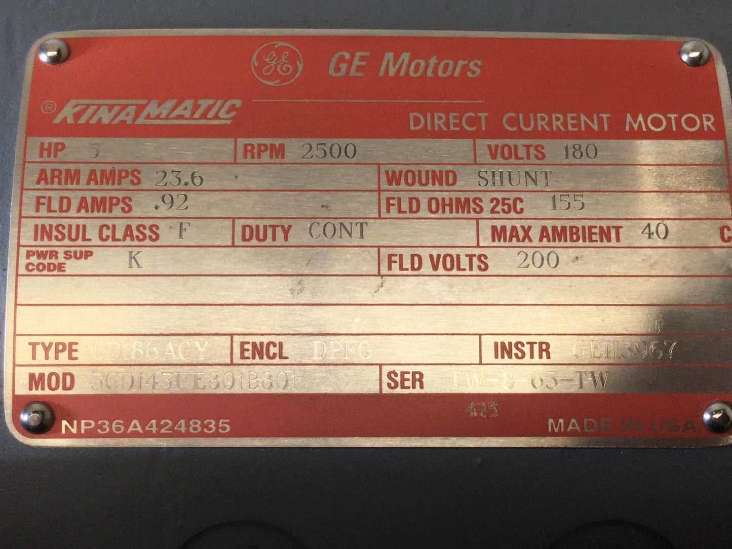 Used GE 5CD143UE801B801 Kinamatic DC Motor 180VDC, 5HP, 2500RPM, Ø7/8" Shaft