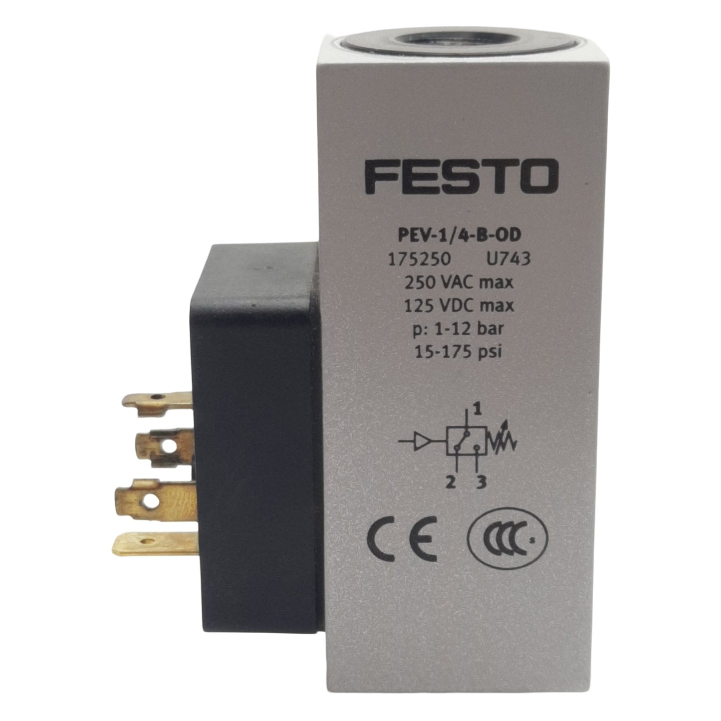 Used Festo PEV-1/4-B-OD Pressure Switch, 15-175psi, 250VAC/125VDC Max, 5000mA, G1/4