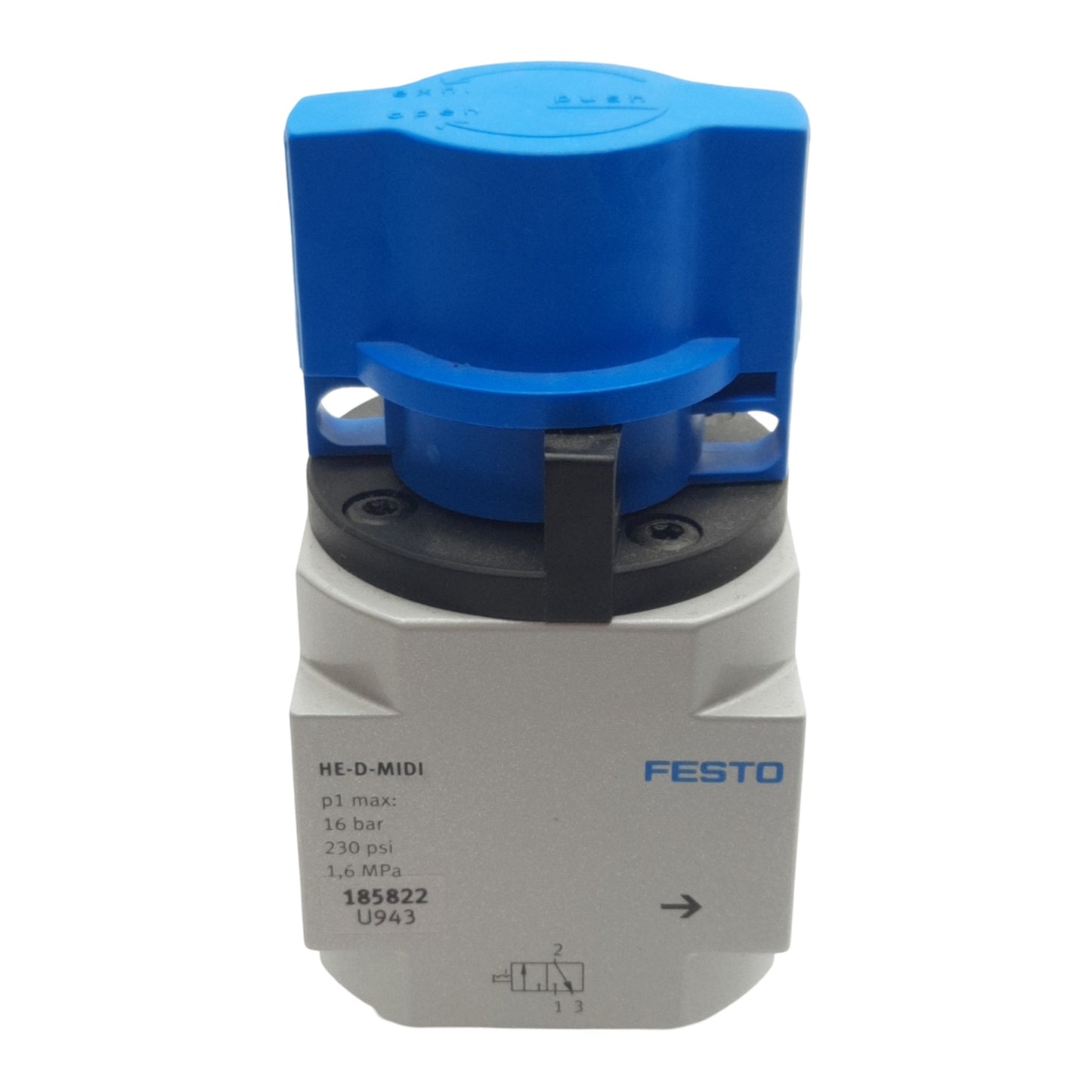 Used Festo HE-D-MIDI Pneumatic Manual Valve, 3/2 On/Off, G1/4 Port, 230psi Max