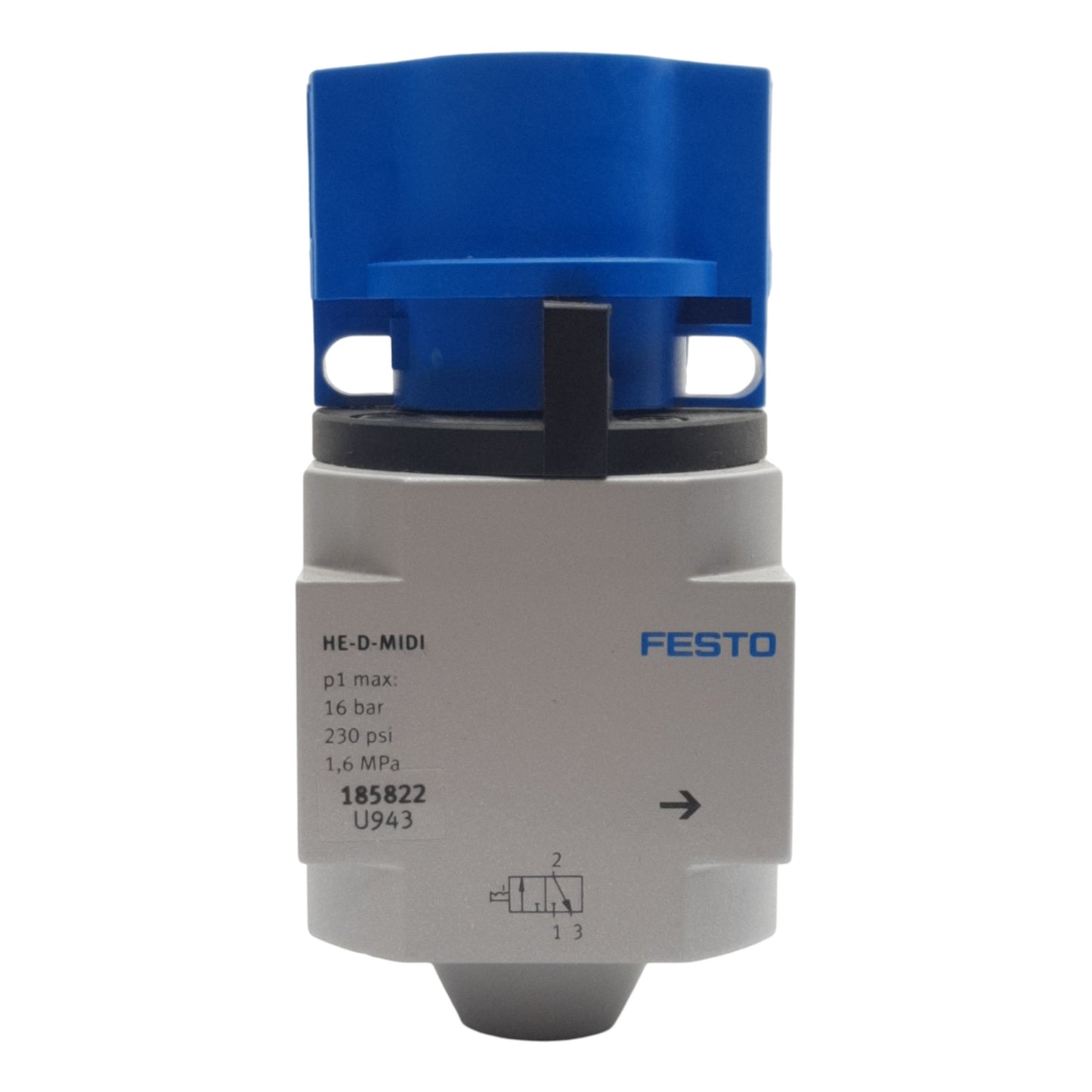 Used Festo HE-D-MIDI Pneumatic Manual Valve, 3/2 On/Off, G1/4 Port, 230psi Max
