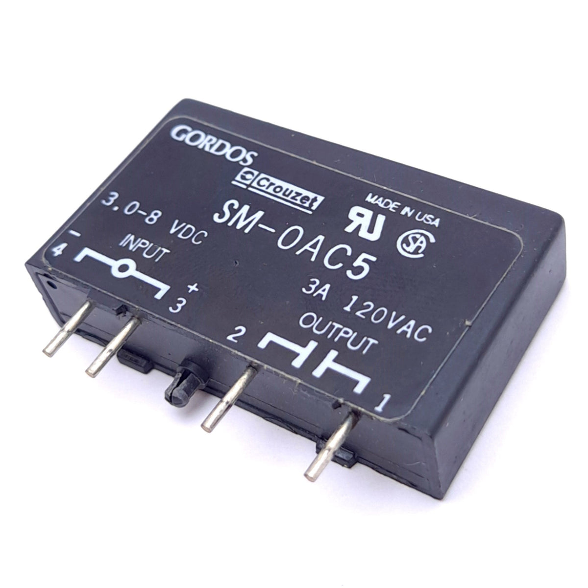 Used Gordos SM-OAC5 Solid State Relay Module, 3-8VDC In, 120VAC 3A Out, 4-Pin