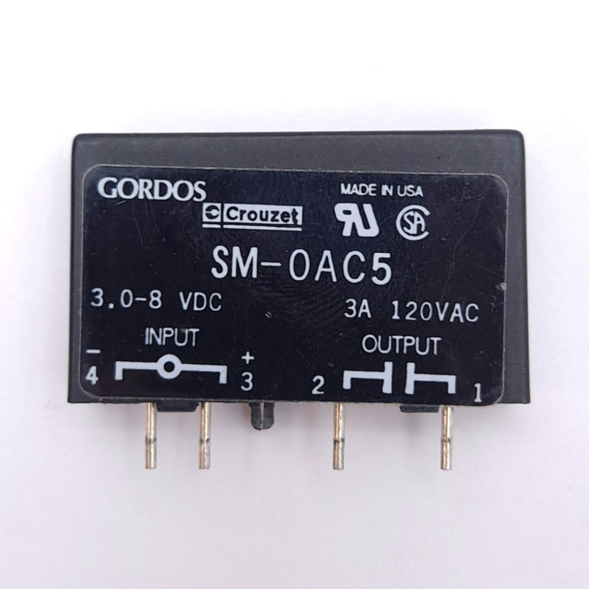 Used Gordos SM-OAC5 Solid State Relay Module, 3-8VDC In, 120VAC 3A Out, 4-Pin