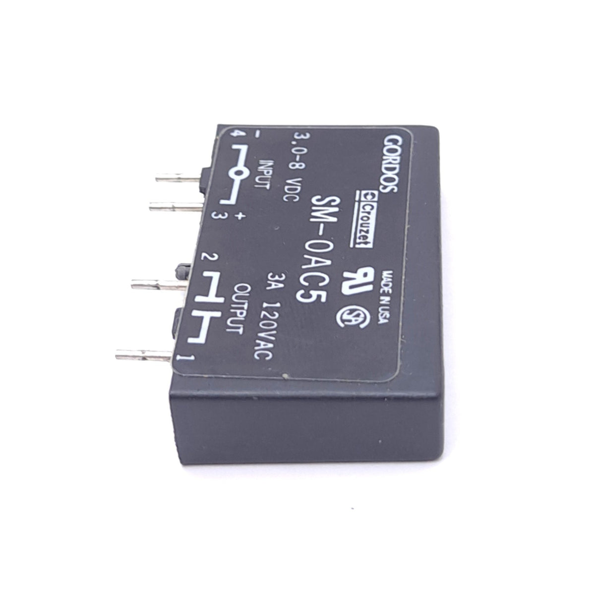 Used Gordos SM-OAC5 Solid State Relay Module, 3-8VDC In, 120VAC 3A Out, 4-Pin
