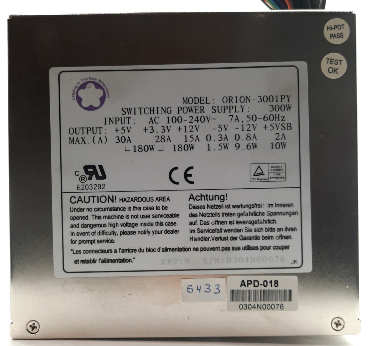 Used Portwell ORION-3001PY Computer Power Supply 300W 20-Pin ATX 6x Molex 2x FDD P2