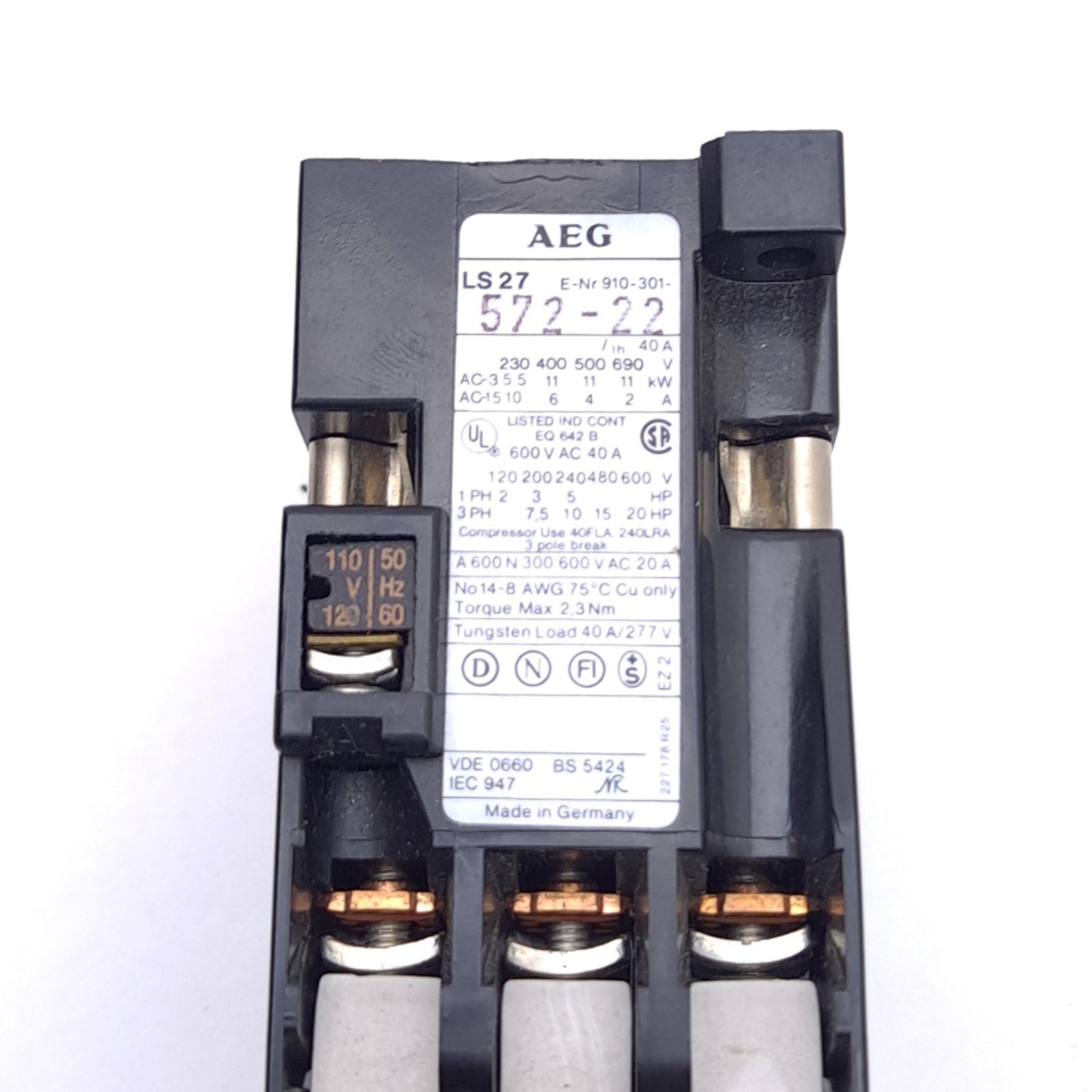Used AEG LS27.22 Contactor, 3-Pole, 40A 600VAC, 2N.O. 2N.C., DIN Rail Mount