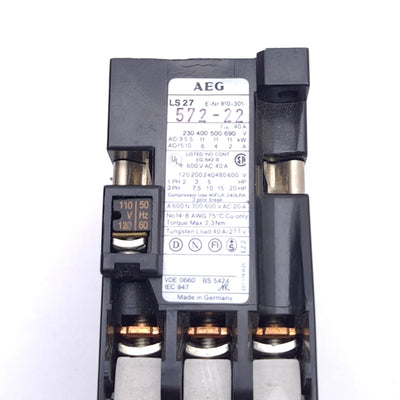 Used AEG LS27.22 Contactor, 3-Pole, 40A 600VAC, 2N.O. 2N.C., DIN Rail Mount