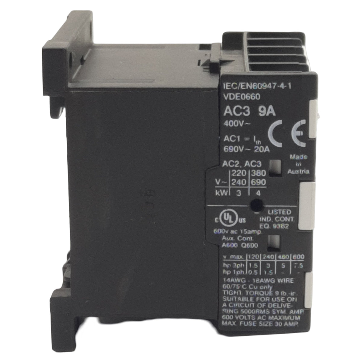 Used Omron J7KNA-09-01 Motor Contactor, 3PST-NO 1NC, 400VAC 9A, 24VDC Coil