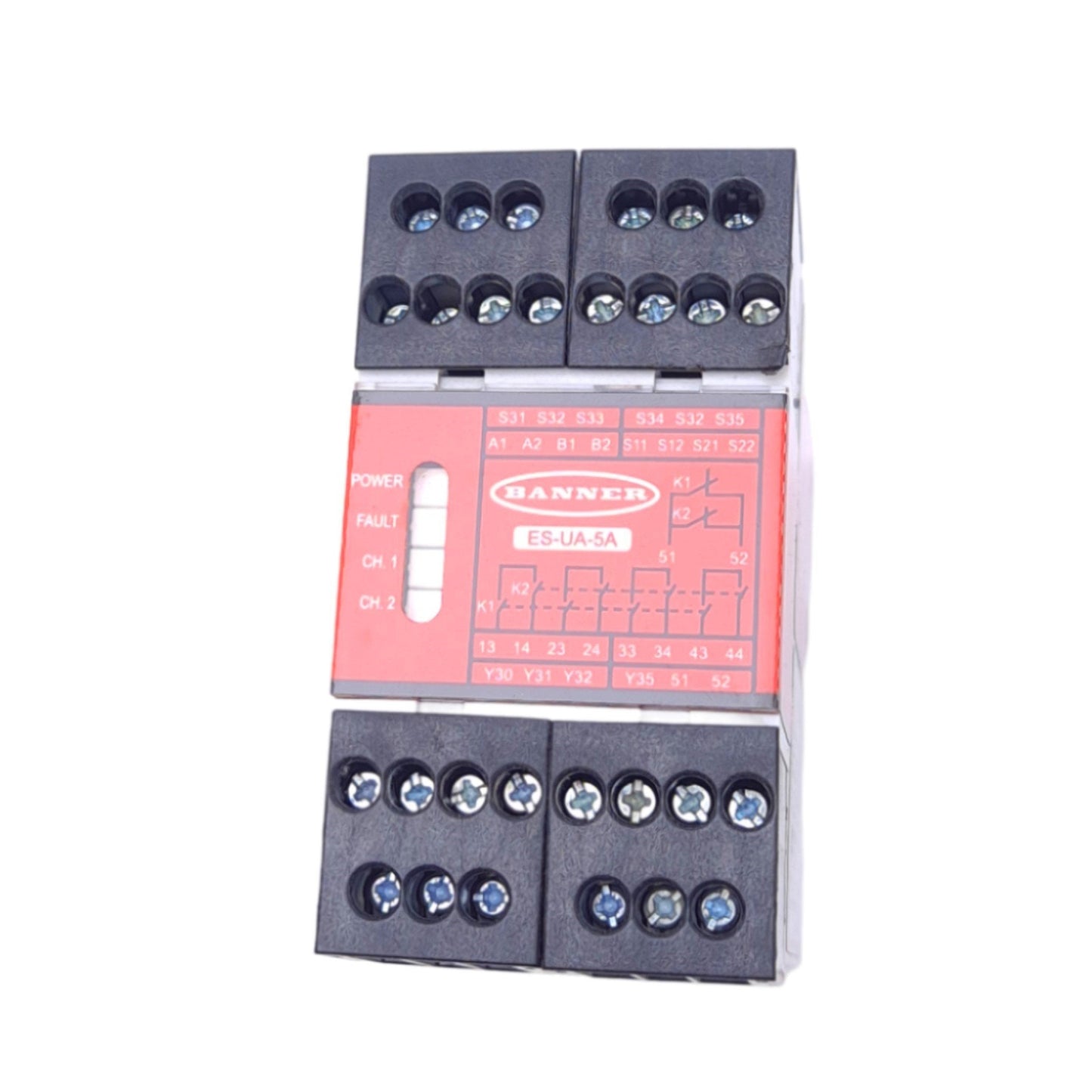 Used Banner ES-UA-5A E-Stop Safety Module, 12-24VDC/115VAC, 4NO 6A Out, 1NC 5A Aux