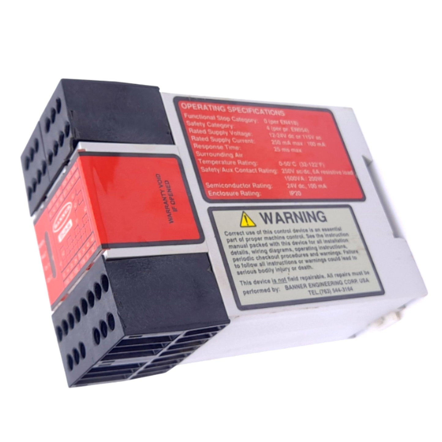 Used Banner ES-UA-5A E-Stop Safety Module, 12-24VDC/115VAC, 4NO 6A Out, 1NC 5A Aux