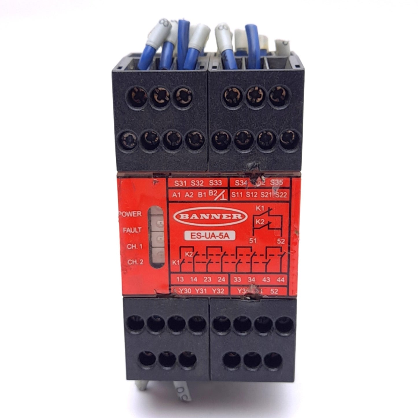 Used Banner ES-UA-5A E-Stop Safety Module 12-24VDC/115VAC, 4N.O. 6A Out, 1N.C. 5A Aux