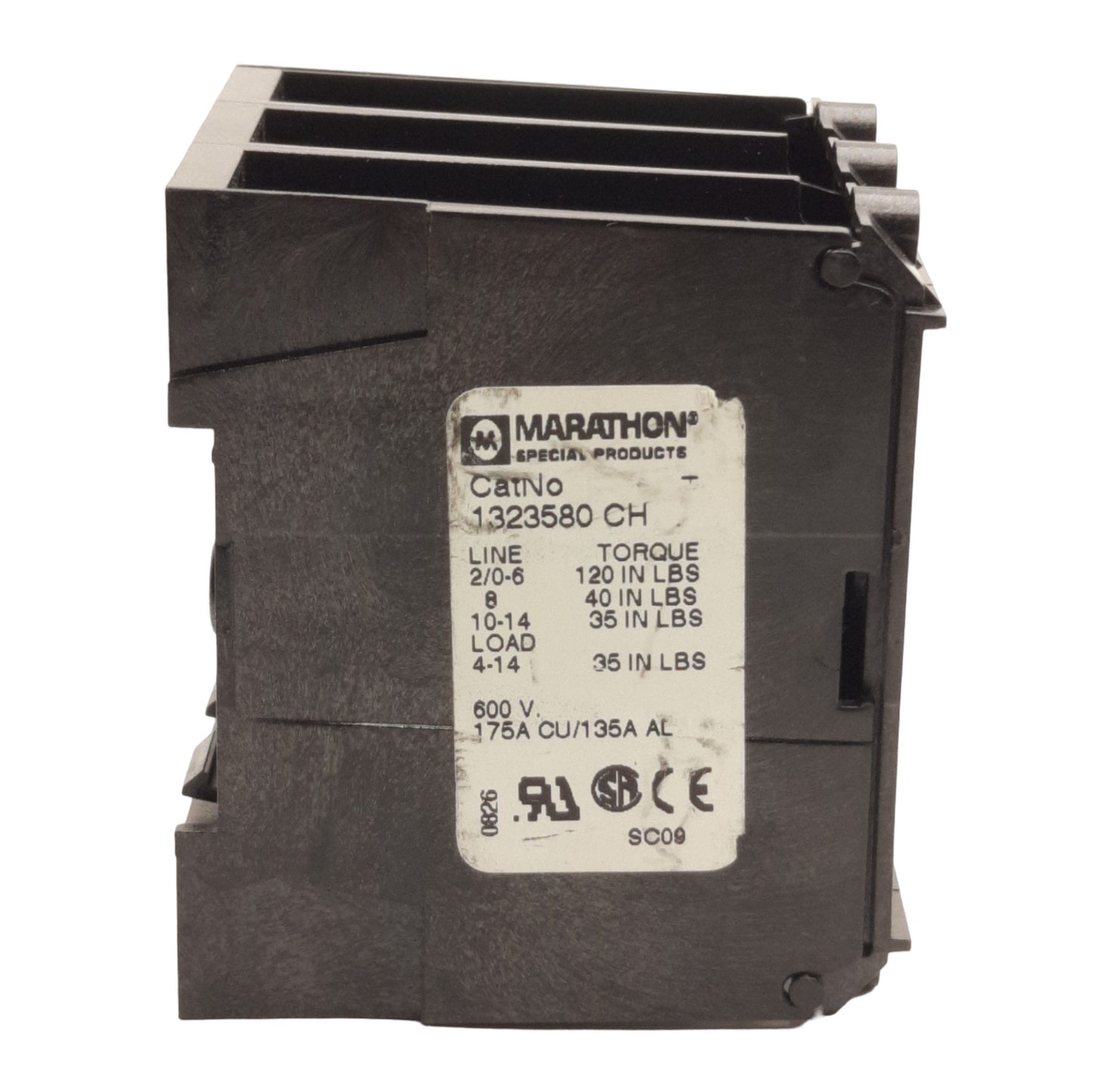 Used Marathon 1323580CH Power Distribution Block, 3-P 1x6 Line x Load, 600V 175A Max