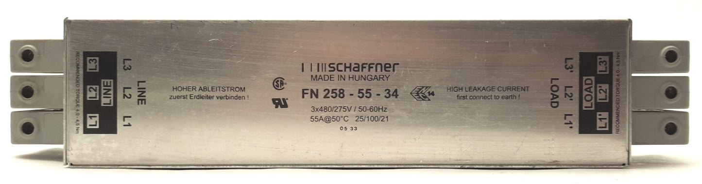 Used SCHAFFNER FN258-55-34 3-Phase EMC/RFI Power Line Filter 277-480VAC 55A 50-60Hz
