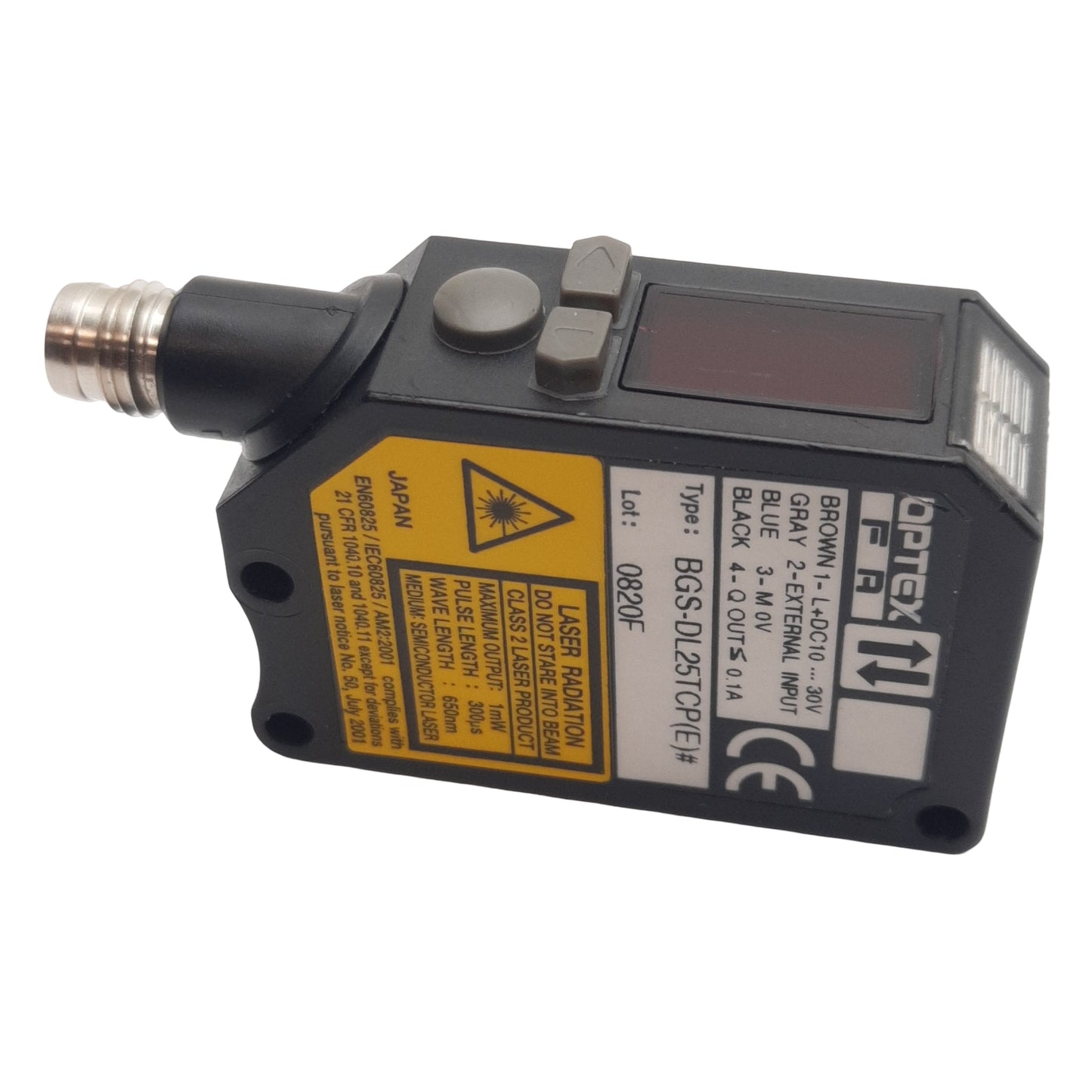 Used Optex BGS-DL25TCP Photoelectric Sensor NPN/PNP 100mA/30VDC 250mm Range, M8 4-Pin