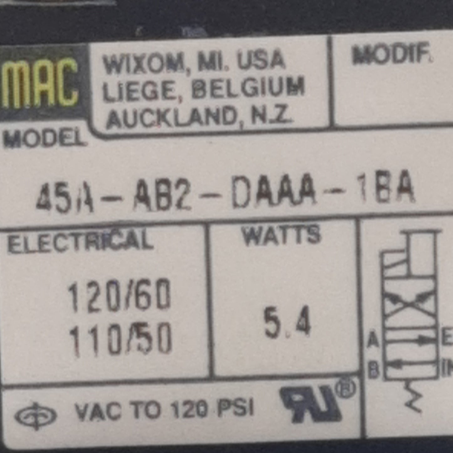 Used MAC 45A-AB2-DAAA-1BA Solenoid Valve, 4-Way, 120psi, #10-32 UNF, 110-120VAC Coil