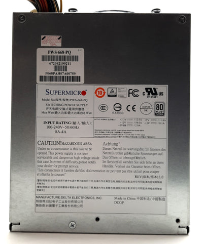 Used Supermicro PWS-668-PQ Computer Power Supply, 668W, 80+ Platinum, 24-Pin ATX