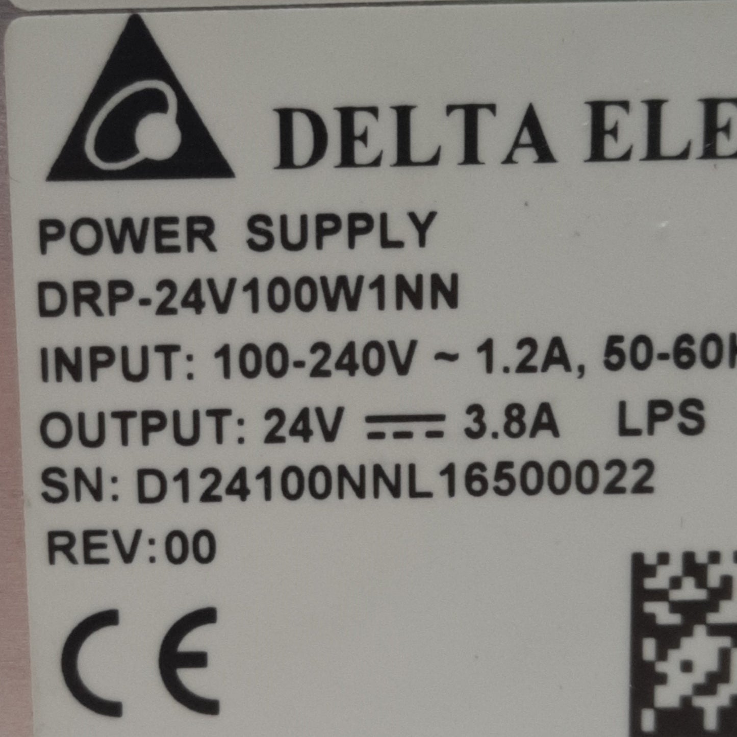Used Delta DRP-24V100W1NN Power Supply 1-Phase, 85-264VAC 1.2A In, 24VDC 3.8A Out