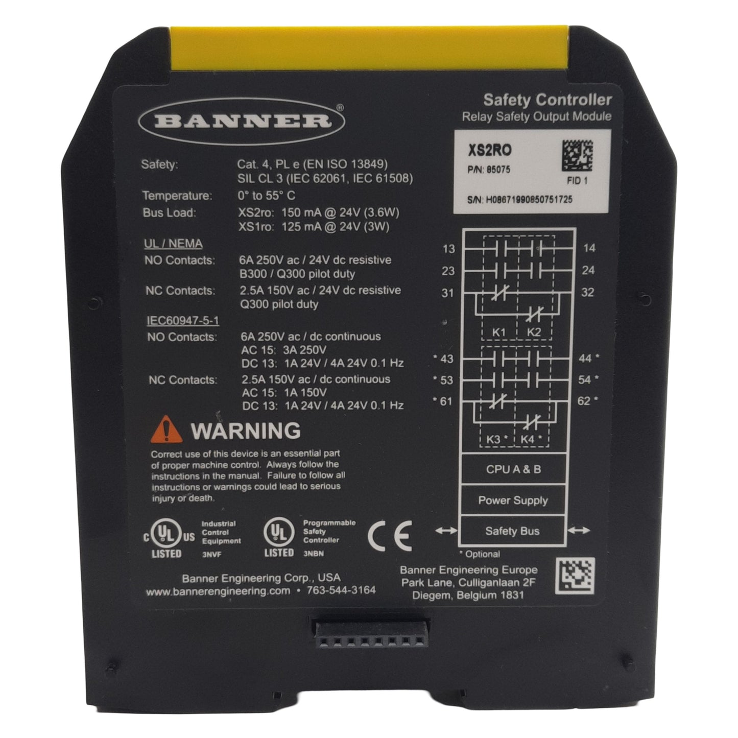 Used Banner XS2RO Safety Relay Output Module, 2NO + 1NC, 250VAC 6A, 24VDC, DIN Rail