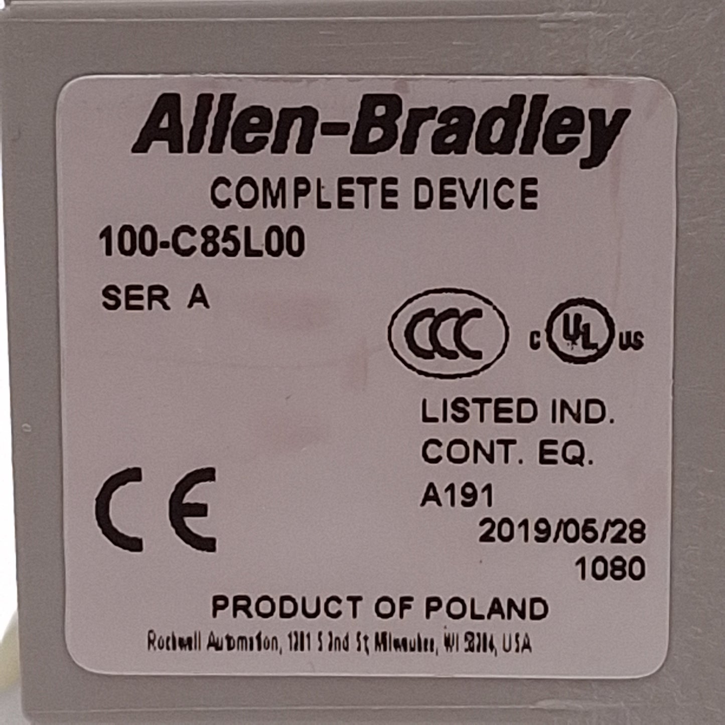 Used Allen Bradley 100-C85L00 IEC Contactor, 3-Pole, 400VAC 85A 45kW, 208-240VAC Coil