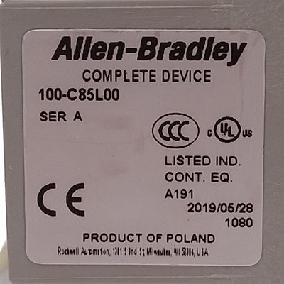Used Allen Bradley 100-C85L00 IEC Contactor, 3-Pole, 400VAC 85A 45kW, 208-240VAC Coil