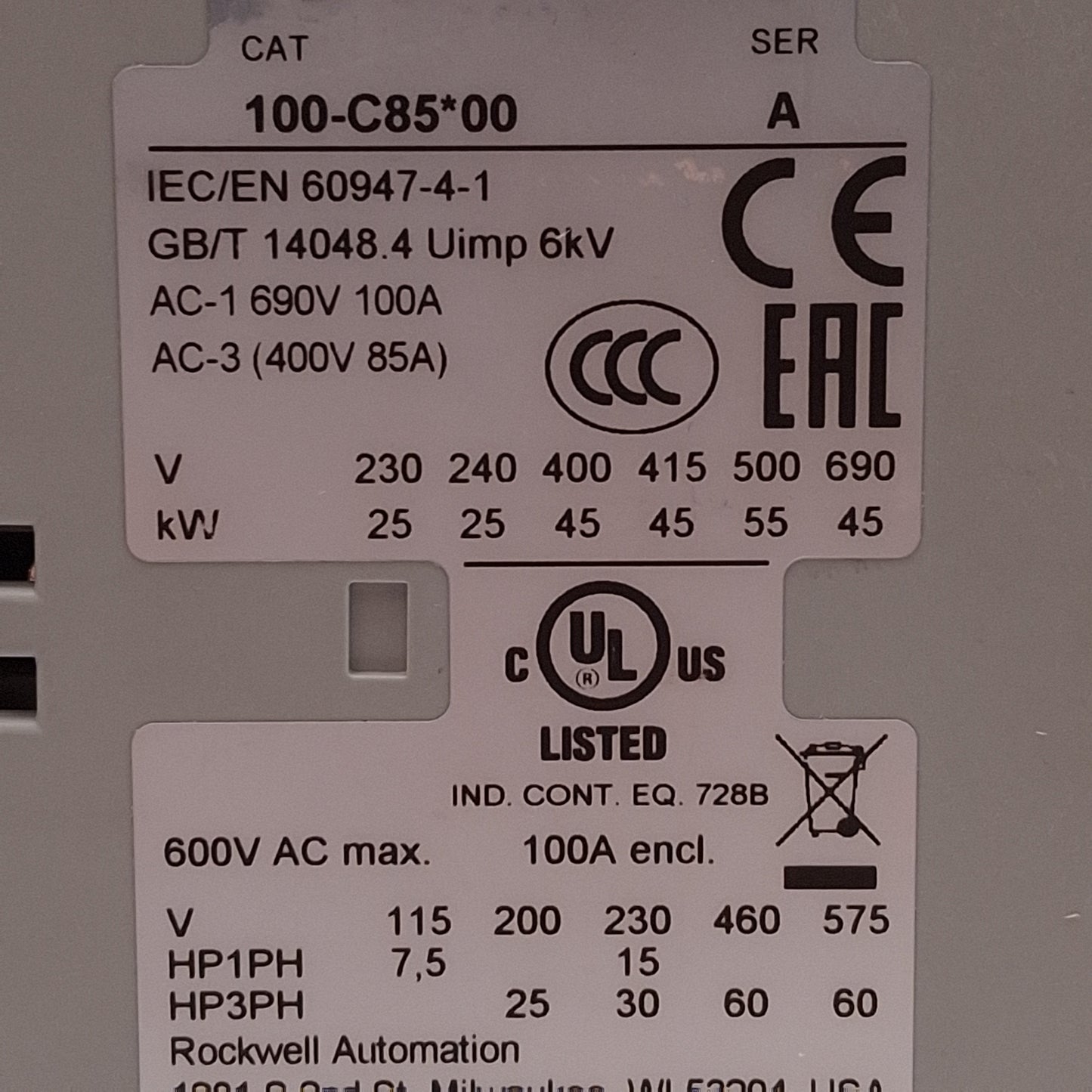 Used Allen Bradley 100-C85L00 IEC Contactor, 3-Pole, 400VAC 85A 45kW, 208-240VAC Coil