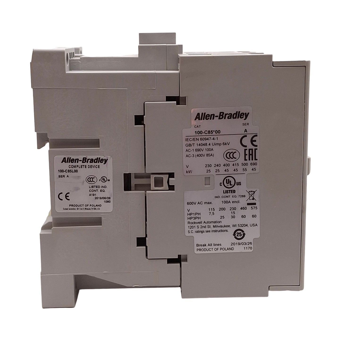 Used Allen Bradley 100-C85L00 IEC Contactor, 3-Pole, 400VAC 85A 45kW, 208-240VAC Coil