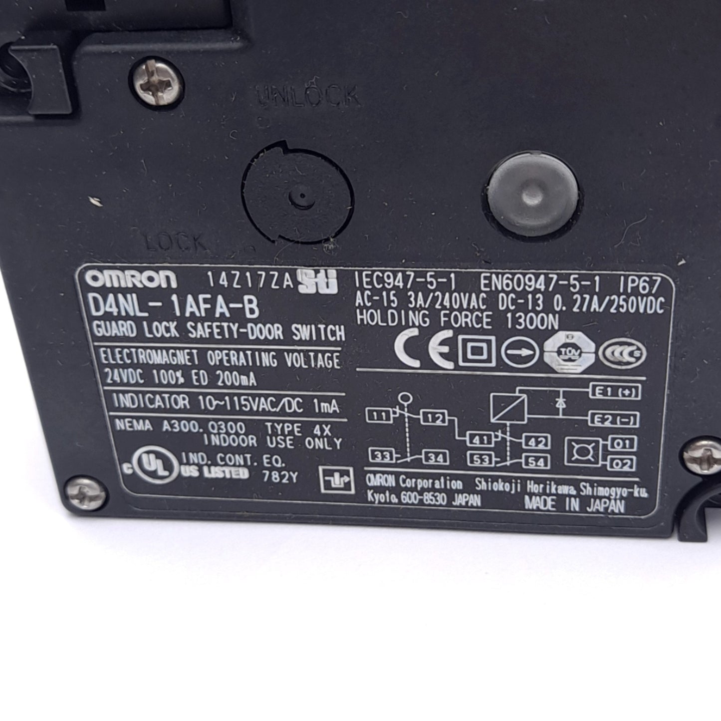Used Omron D4NL-1AFA-B Safety Lock Switch, 1300N, 1NC/1NO + 1NC/NO, 24VDC Coil