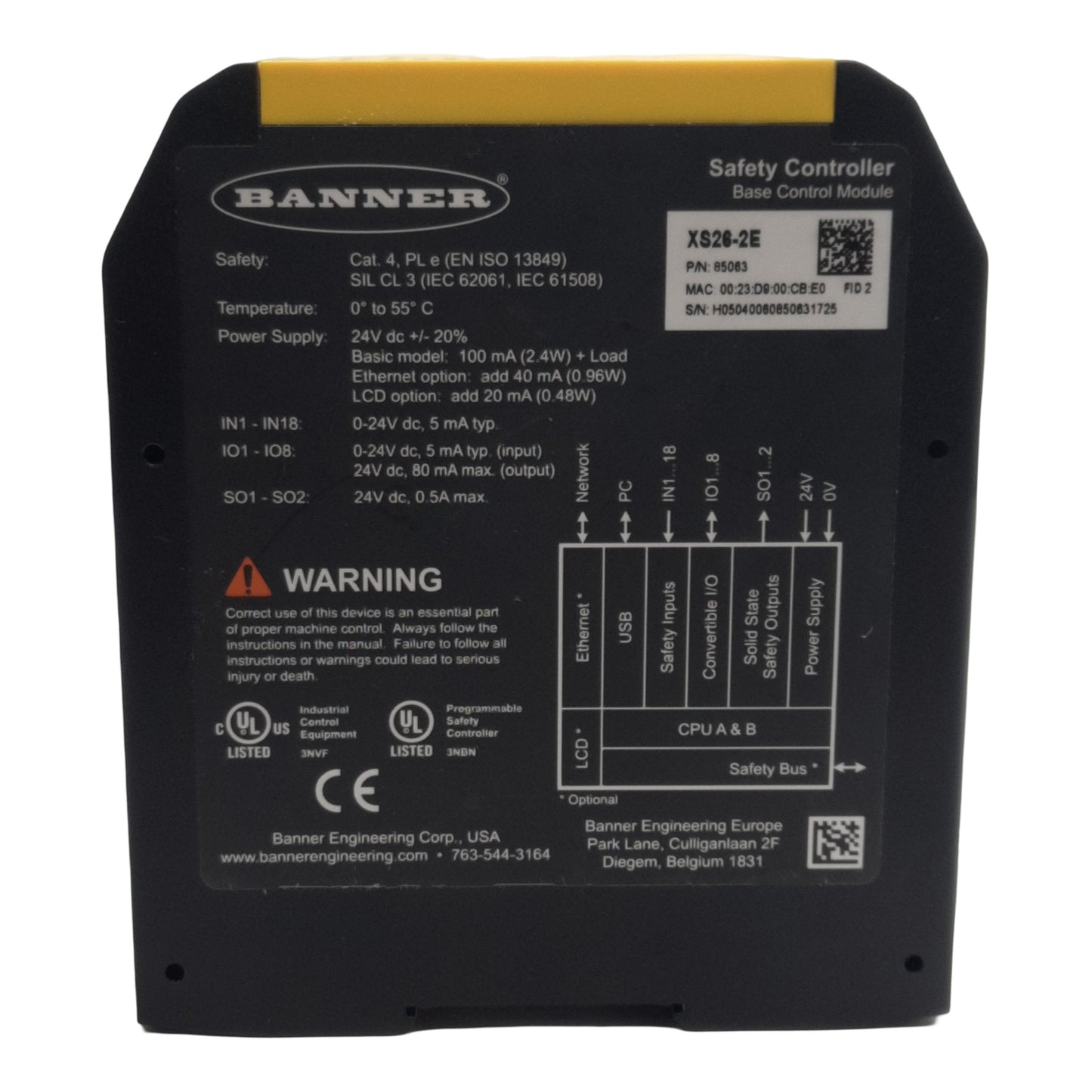 Used Banner XS26-2E Safety Base Controller, 26 Inputs/ 2 PR PNP Outputs, 24VDC 5mA