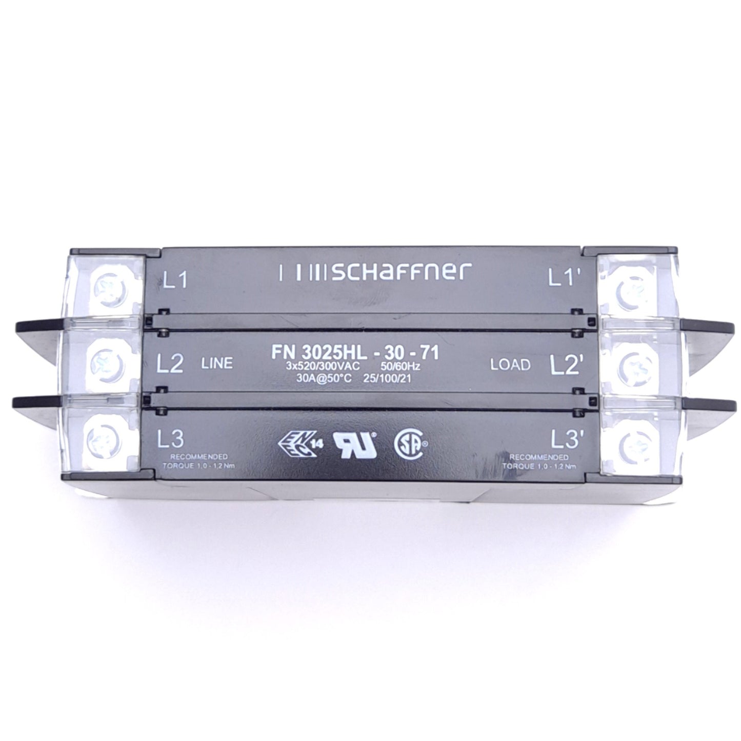 Used Schaffner FN3025HL-30-71 EMC/RFI Filter, 3x520/300VAC, 30A, 0-60Hz Frequency