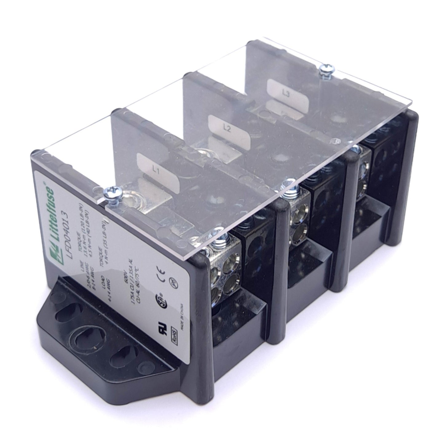 Used Littelfuse LFD04013 Power Distribution Block, 3-Pole, 175A 600V AC/DC, Bolt-On
