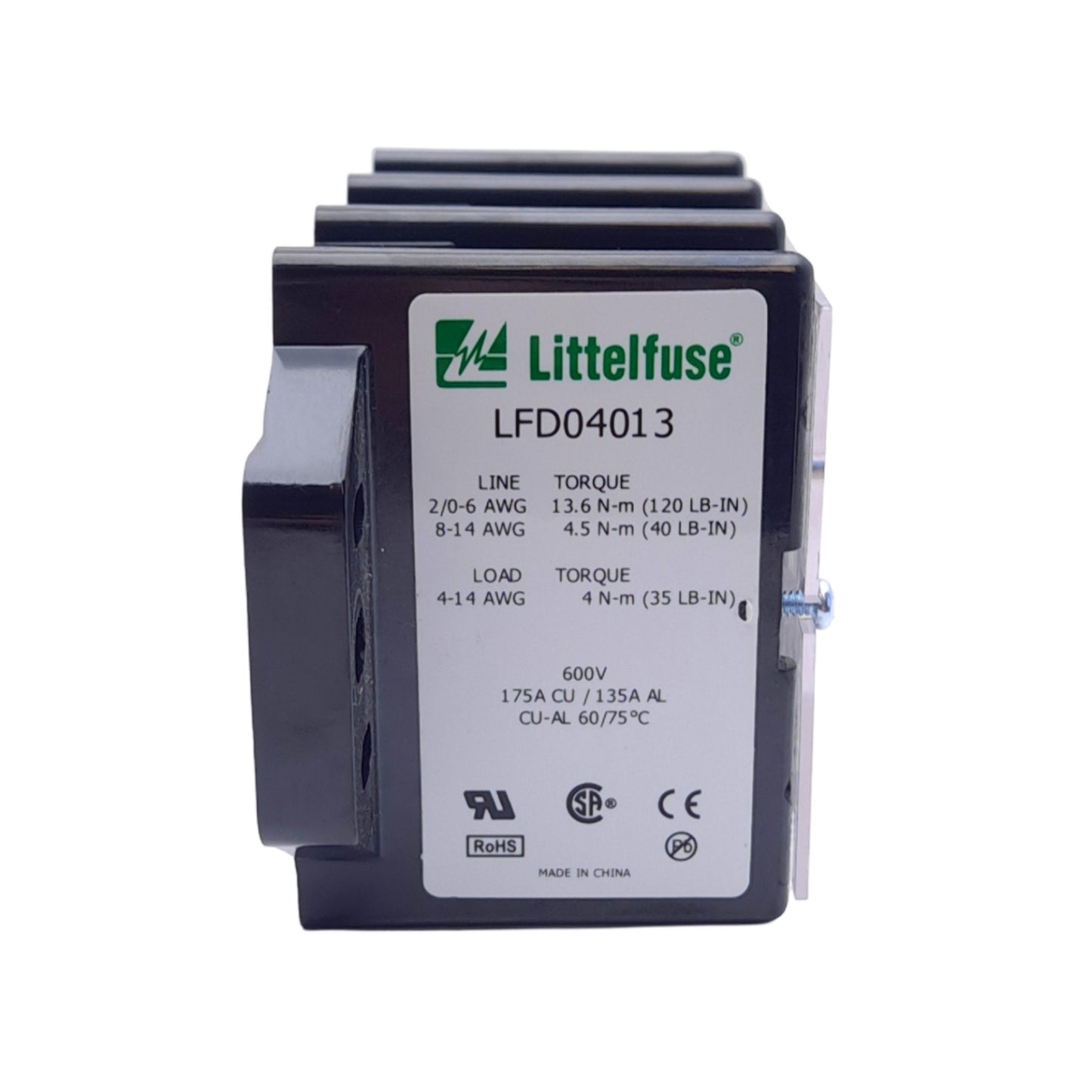 Used Littelfuse LFD04013 Power Distribution Block, 3-Pole, 175A 600V AC/DC, Bolt-On