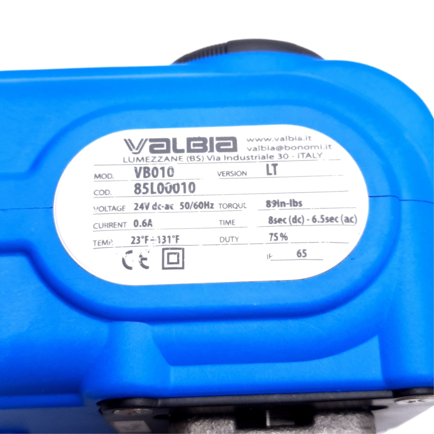 Used Valbia VB010 LT Electric Valve Actuator, 24VAC/DC .6A, 89in-lbs, With 1" Valve