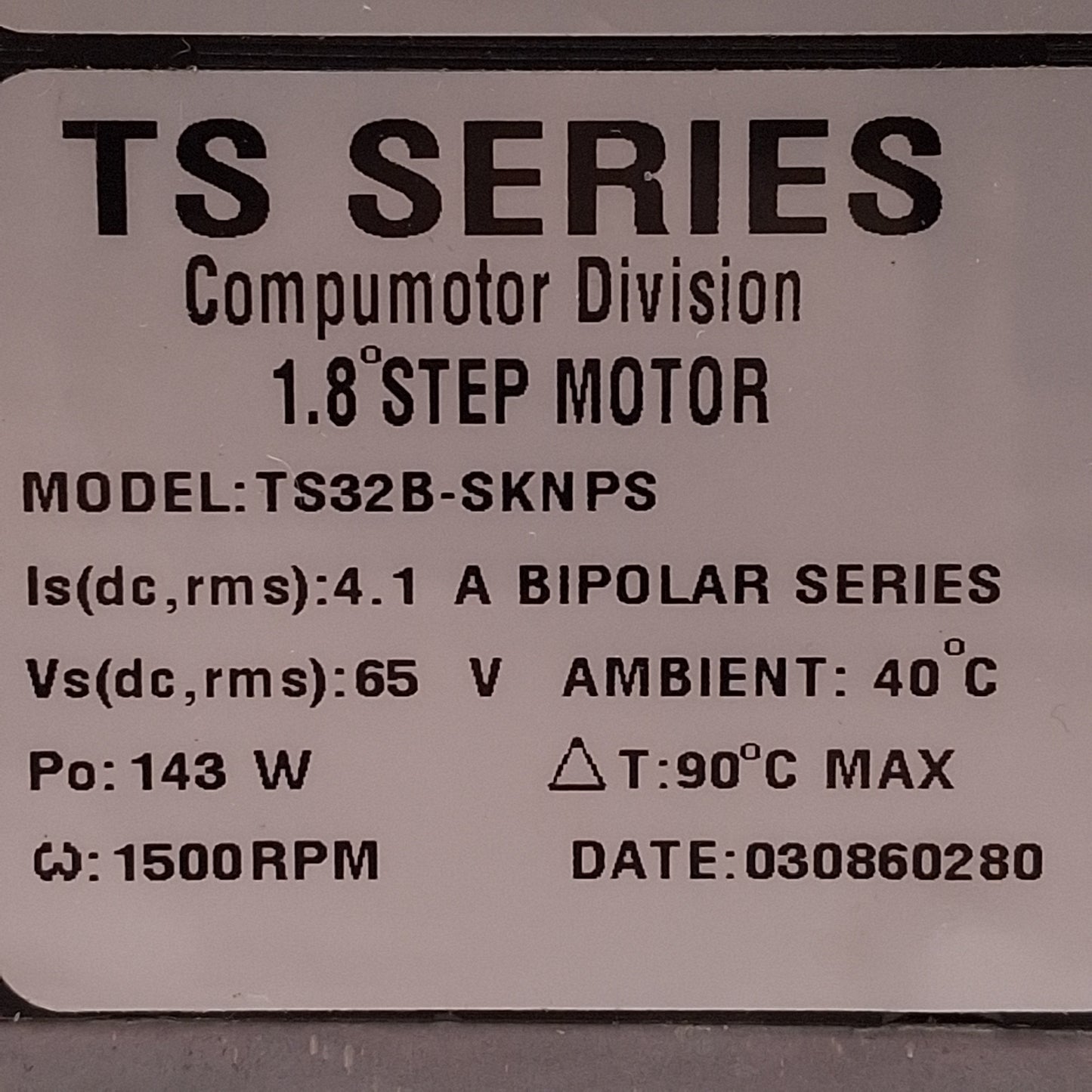 Used Parker TS32B-SKNPS Stepper Motor, 1.8°/Step, 65VDC 4.1A 143W, 1500RPM, NEMA 34
