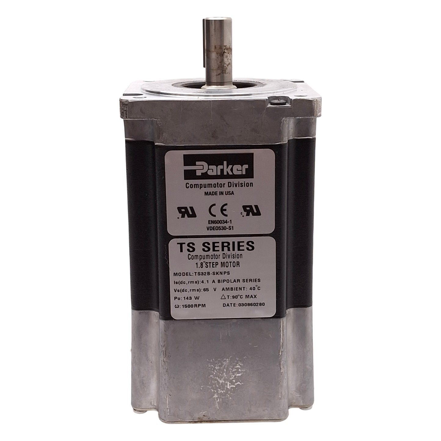 Used Parker TS32B-SKNPS Stepper Motor, 1.8°/Step, 65VDC 4.1A 143W, 1500RPM, NEMA 34