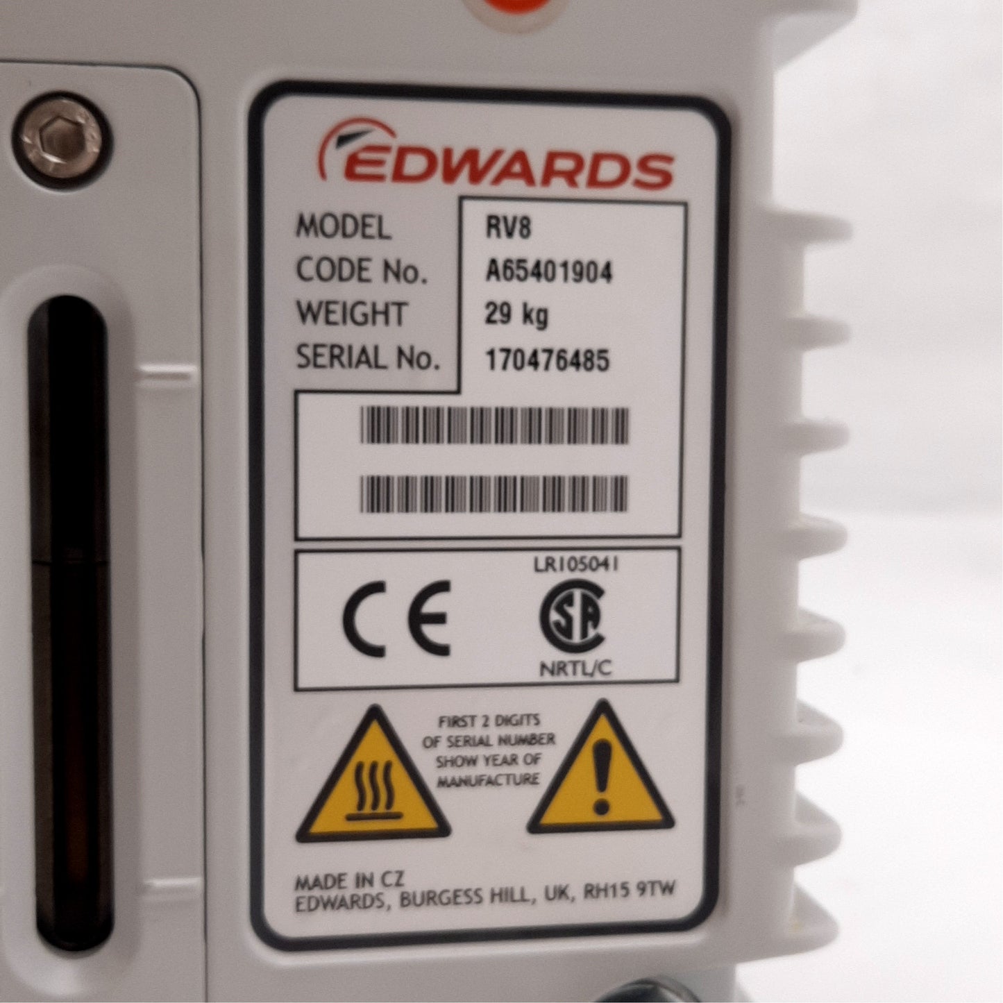 Used Edwards RV8 A65401904 Vacuum Rotary Vane Pump, .2Pa, 1Ph 100/200VAC 50/60Hz