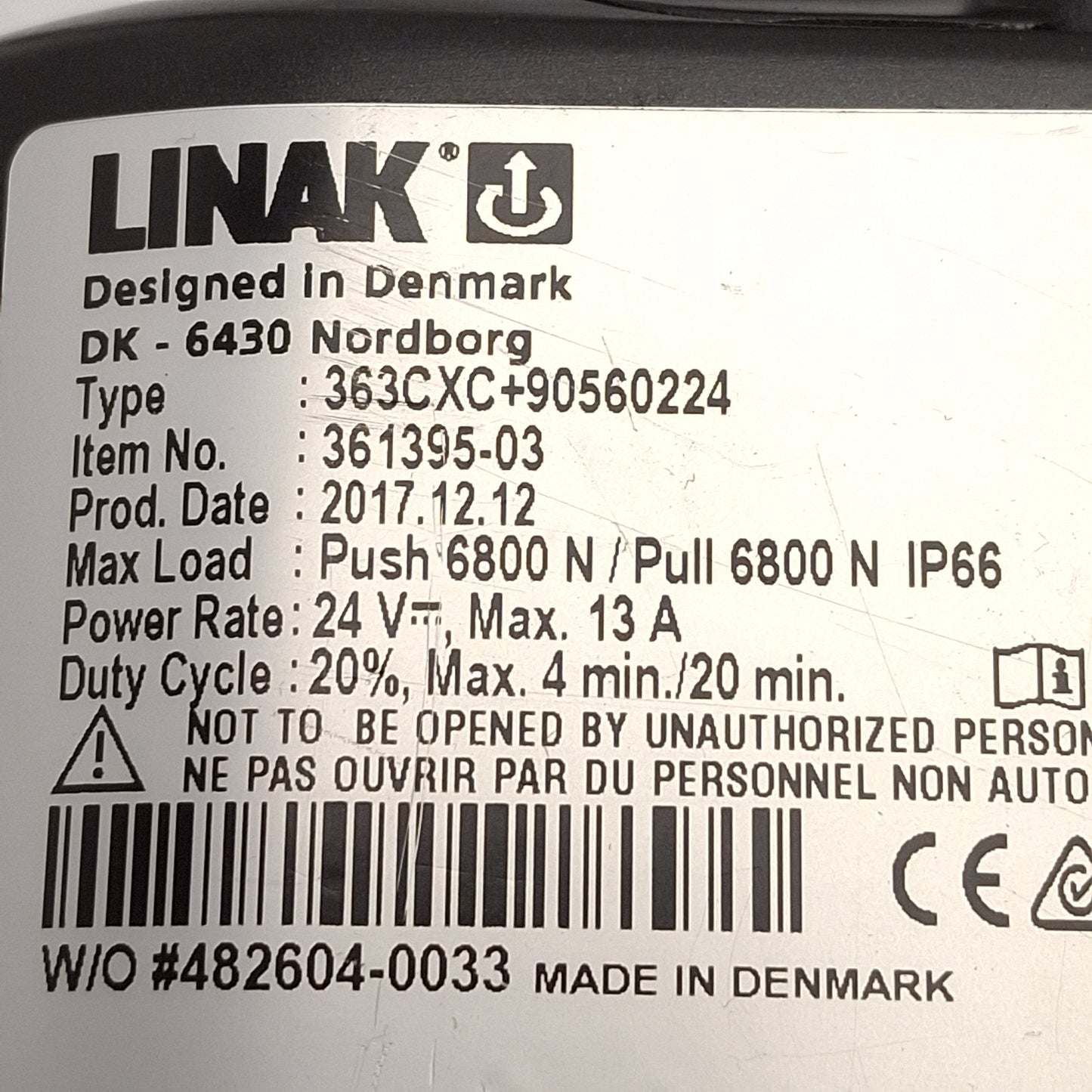 Used Linak 363CXC+90560224 Linear Actuator, 560mm Stroke, 6800N, 4/20min, 24VDC 13A