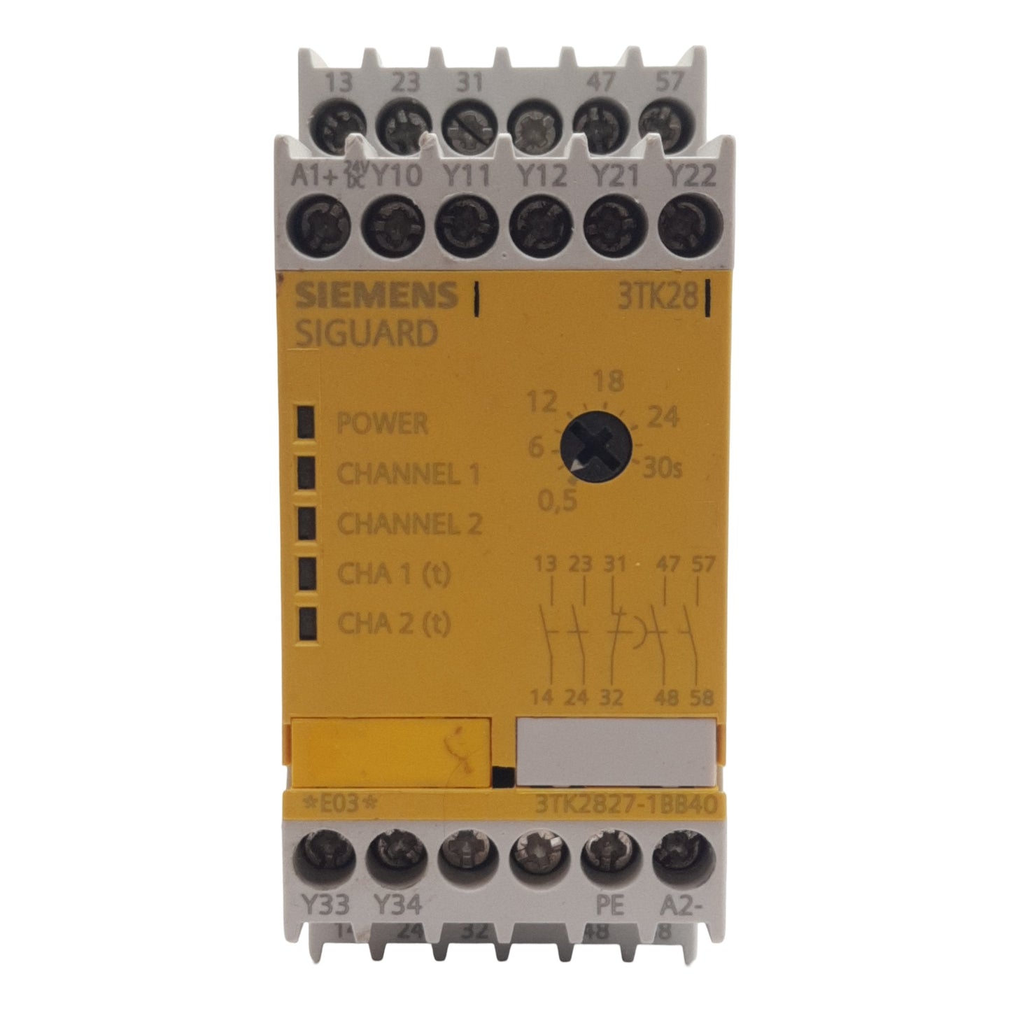Used Siemens 3TK2827-1BB40 Sigaurd Safety Relay, 2NO + 1NC, 24VDC, 5A, DIN Rail