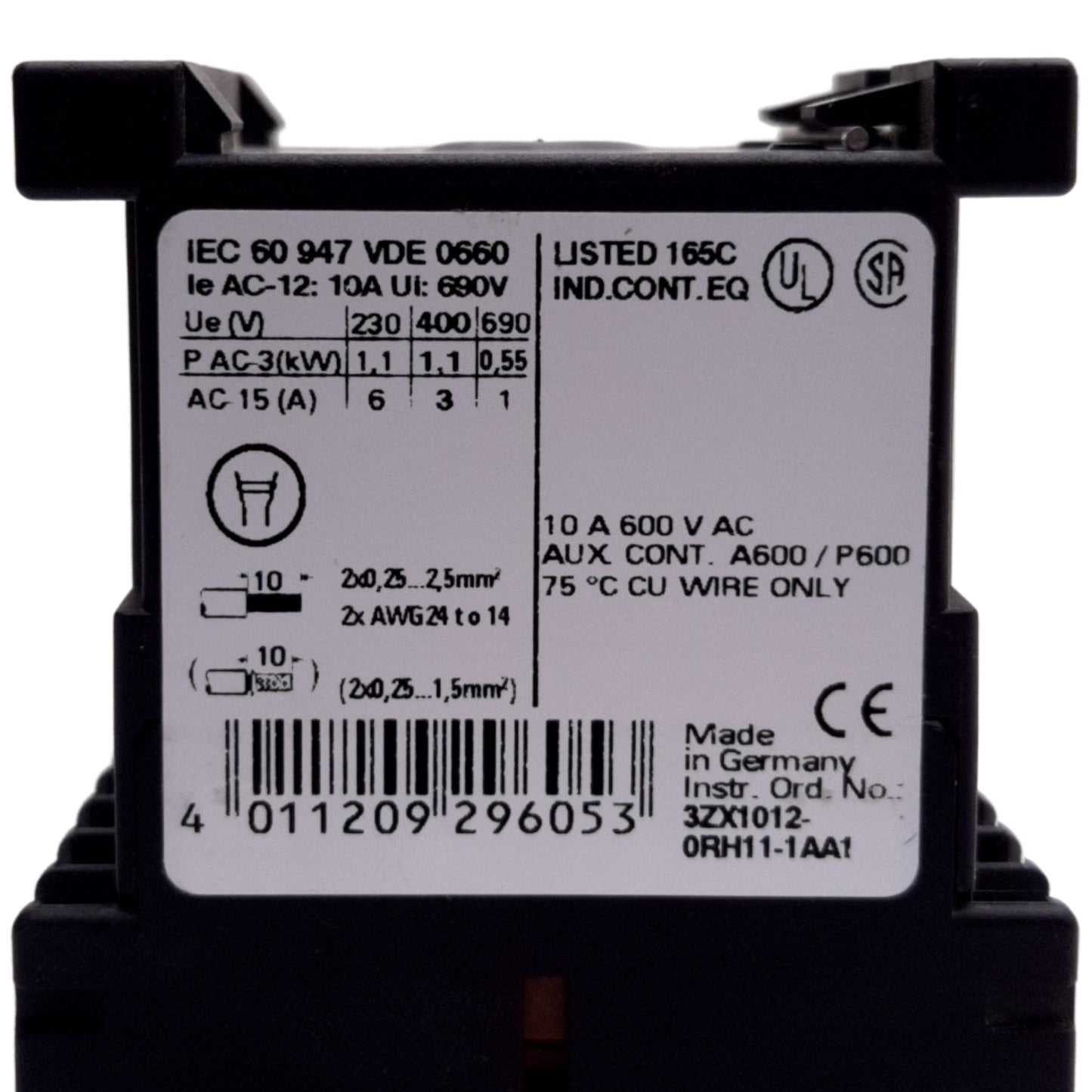 Used Siemens 3RH1131-2BB40 Contactor Relay, 4-Pole 3NO+1NC, 10A 600VAC, Coil 24VDC