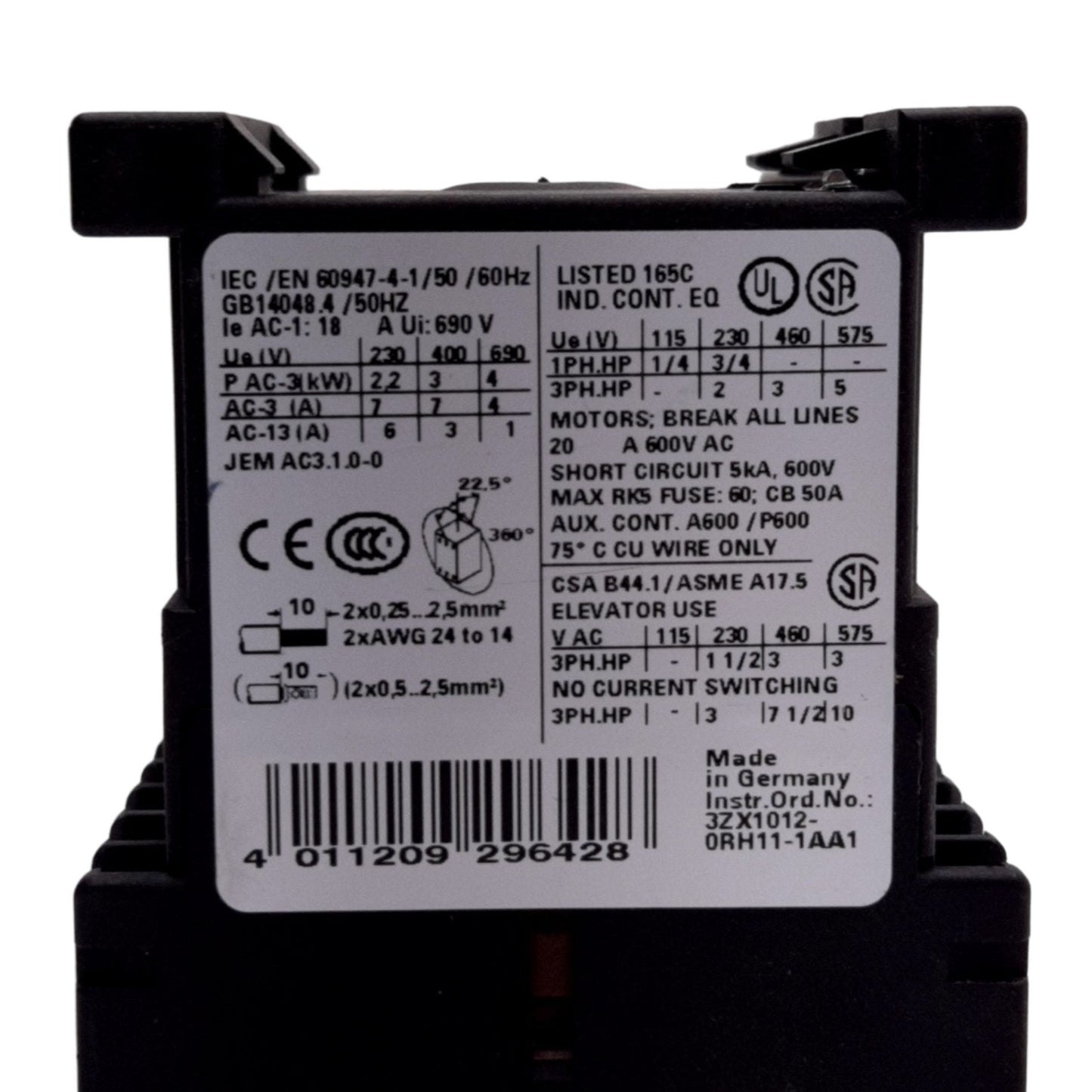 Used Siemens 3RT1015-2BB42 Power Contactor, 3-Pole w/ NC Aux, 16A 600VAC, Coil 24VDC