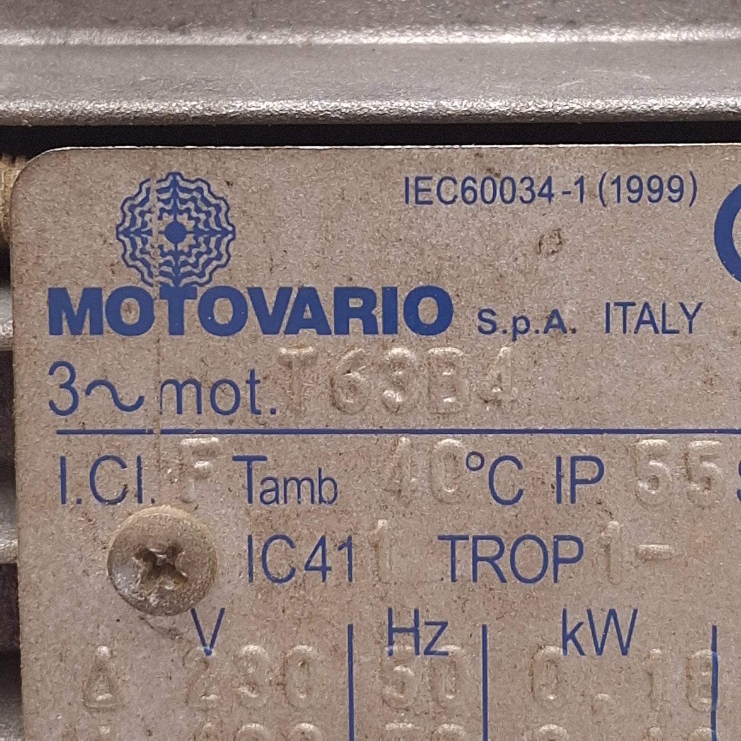 Used Motovario T63B4 + NMRV 030 Gearmotor, 10:1 ø14mm Bore, 3Ø 230∆/460Y 0.18/0.22kW
