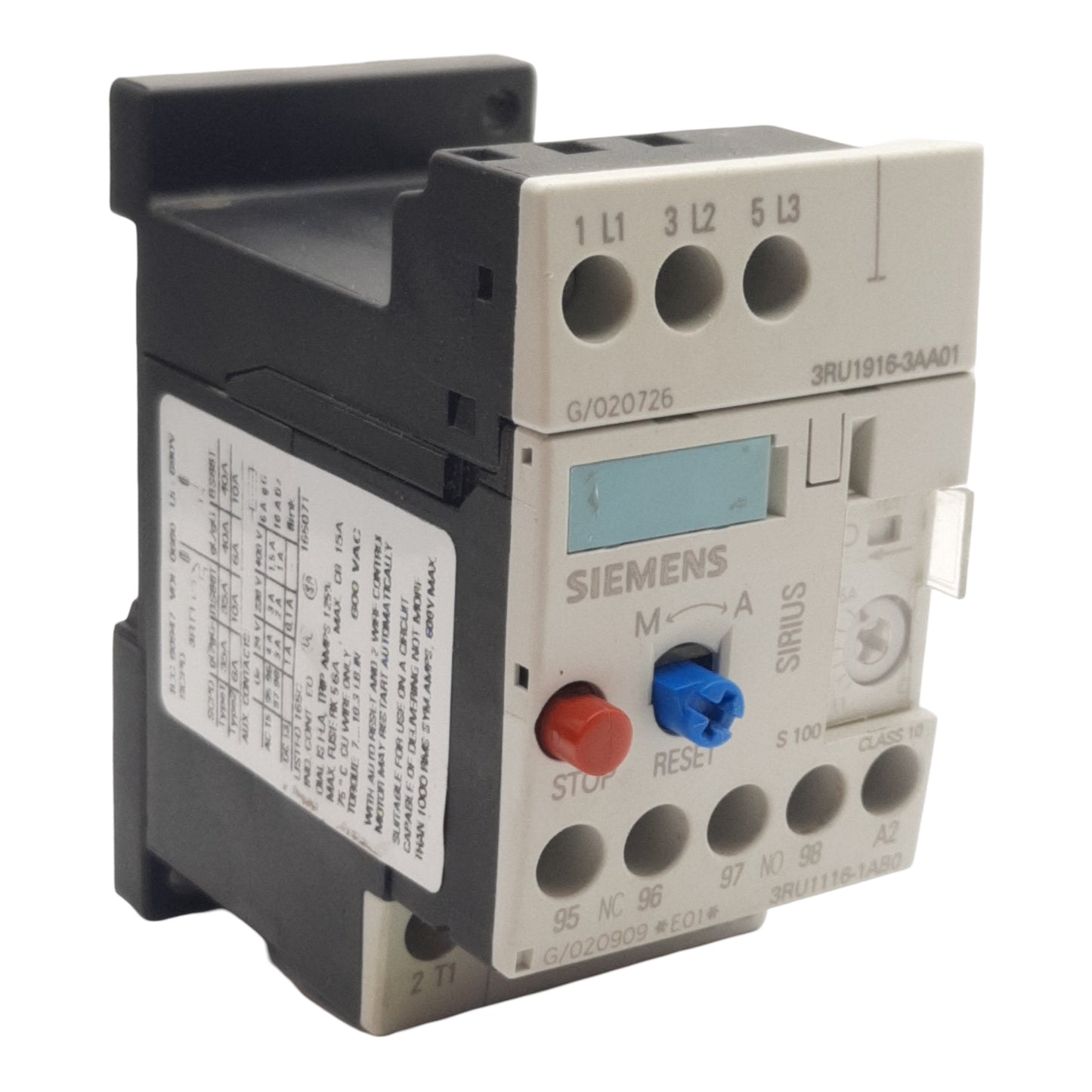 Used Siemens 3RU1116-1AB0 Thermal Overload Relay, 3-Pole 1NO/1NC, 690VAC 1.6A