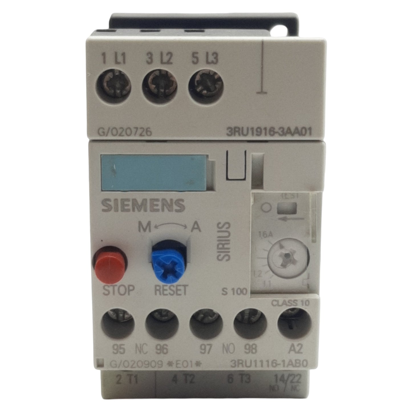 Used Siemens 3RU1116-1AB0 Thermal Overload Relay, 3-Pole 1NO/1NC, 690VAC 1.6A