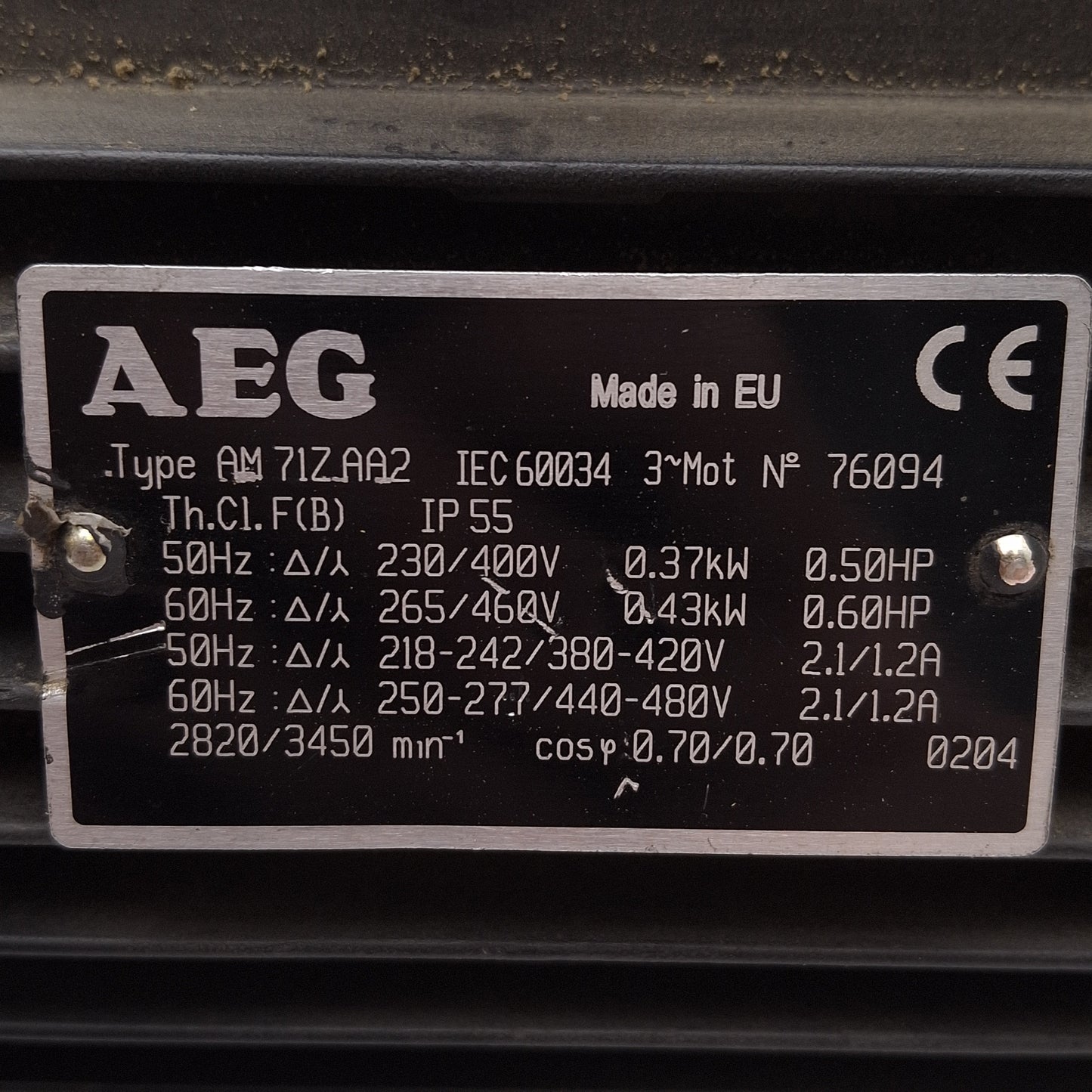 Used AEG AM71ZAA2 + NMRV 040 Gearmotor, 40:1 ø18mm Bore, 3Ø 265∆/460Y 0.43kW/0.60HP