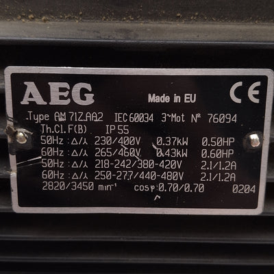 Used AEG AM71ZAA2 + NMRV 040 Gearmotor, 40:1 ø18mm Bore, 3Ø 265∆/460Y 0.43kW/0.60HP